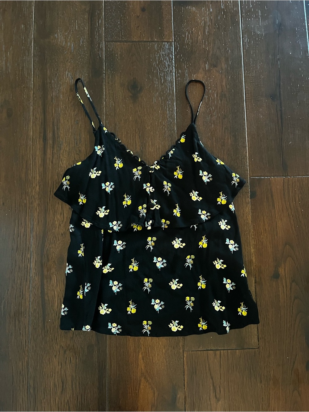 Black ditsy Floral Ruffle Tank with Yellow Accents